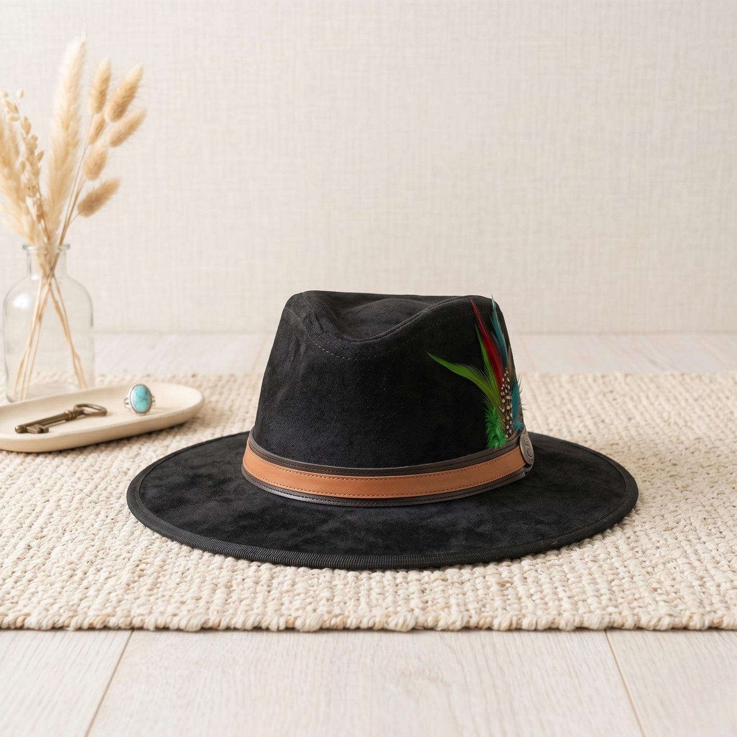Black Suede Cowboy Hat with Vibrant Feather Band