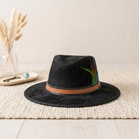 Black Suede Cowboy Hat with Vibrant Feather Band