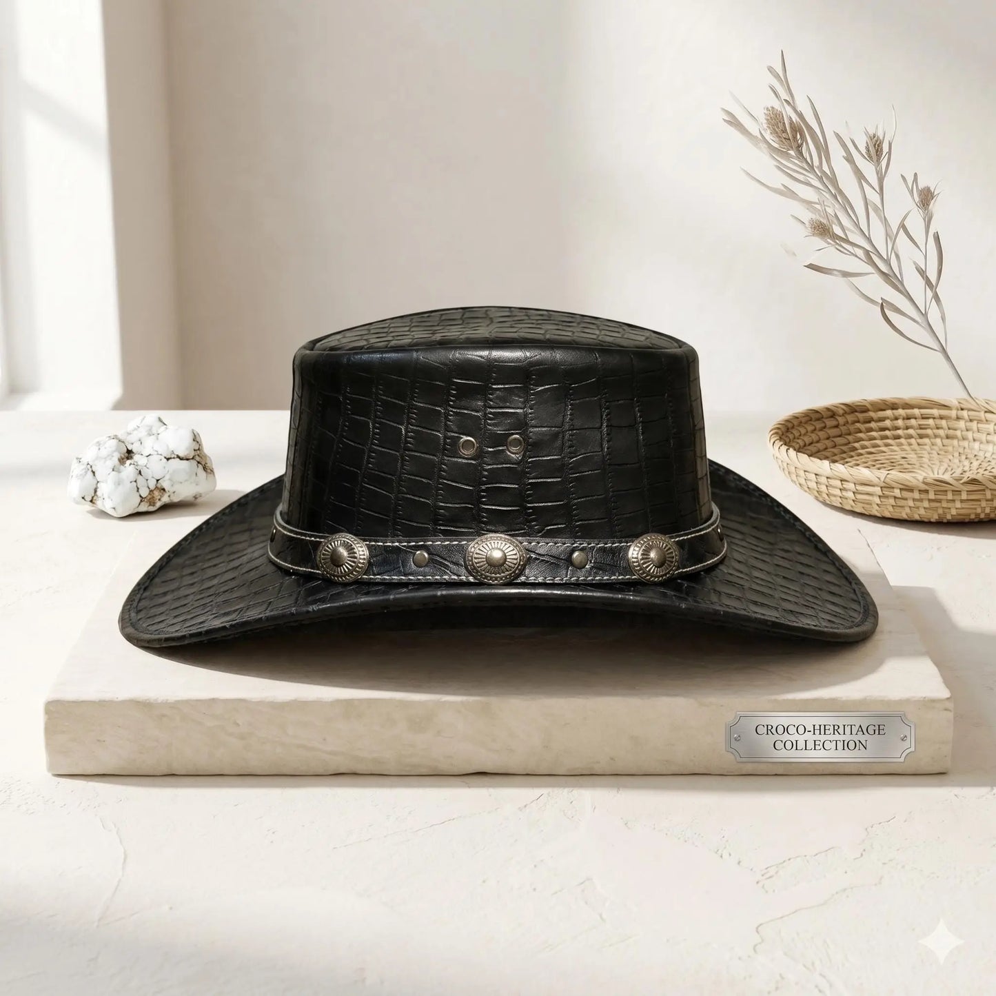 Black Crocodile Embossed Leather Cowboy Top Hat | Steampunk & Western Style