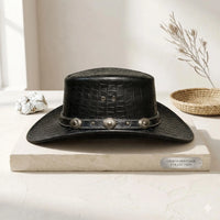 Black Crocodile Embossed Leather Cowboy Top Hat | Steampunk & Western Style