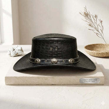 Black Crocodile Embossed Leather Cowboy Top Hat | Steampunk & Western Style
