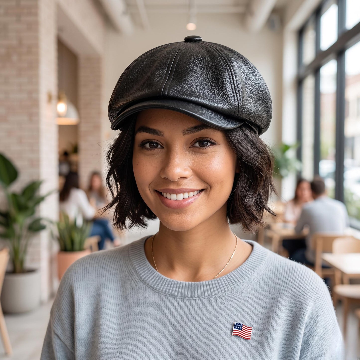 Black Leather Newsboy Cap – Vintage 8-Panel Gatsby Hat
