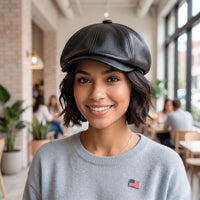 Black Leather Newsboy Cap – Vintage 8-Panel Gatsby Hat