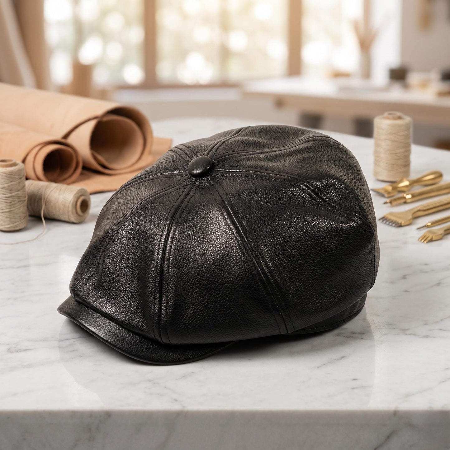 Black Leather Newsboy Cap – Vintage 8-Panel Gatsby Hat