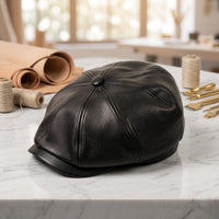 Black Leather Newsboy Cap – Vintage 8-Panel Gatsby Hat