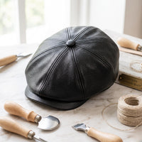 Black Leather Newsboy Cap – Vintage 8-Panel Gatsby Hat