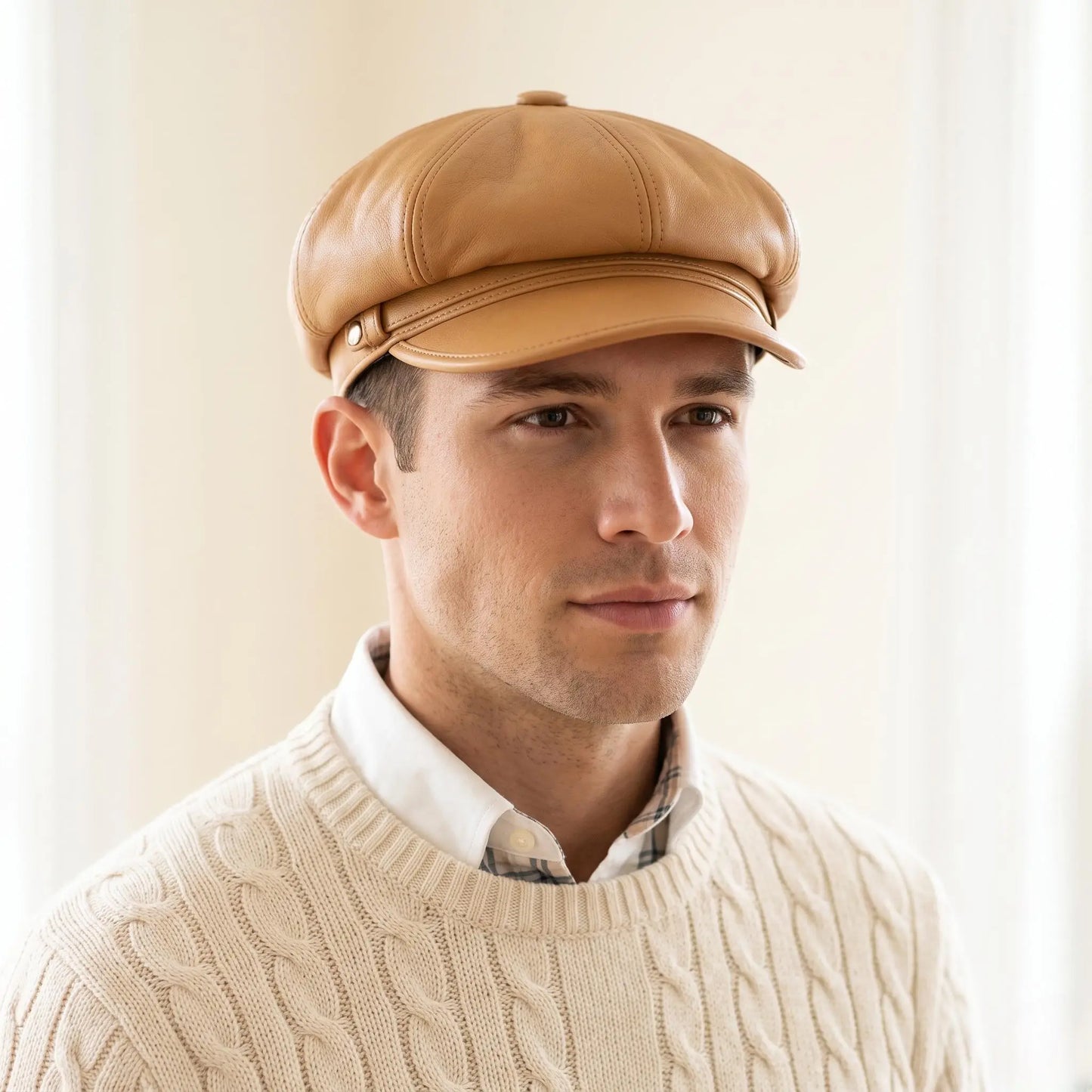 Tan Leather Newsboy Cap – Vintage Baker Boy Style