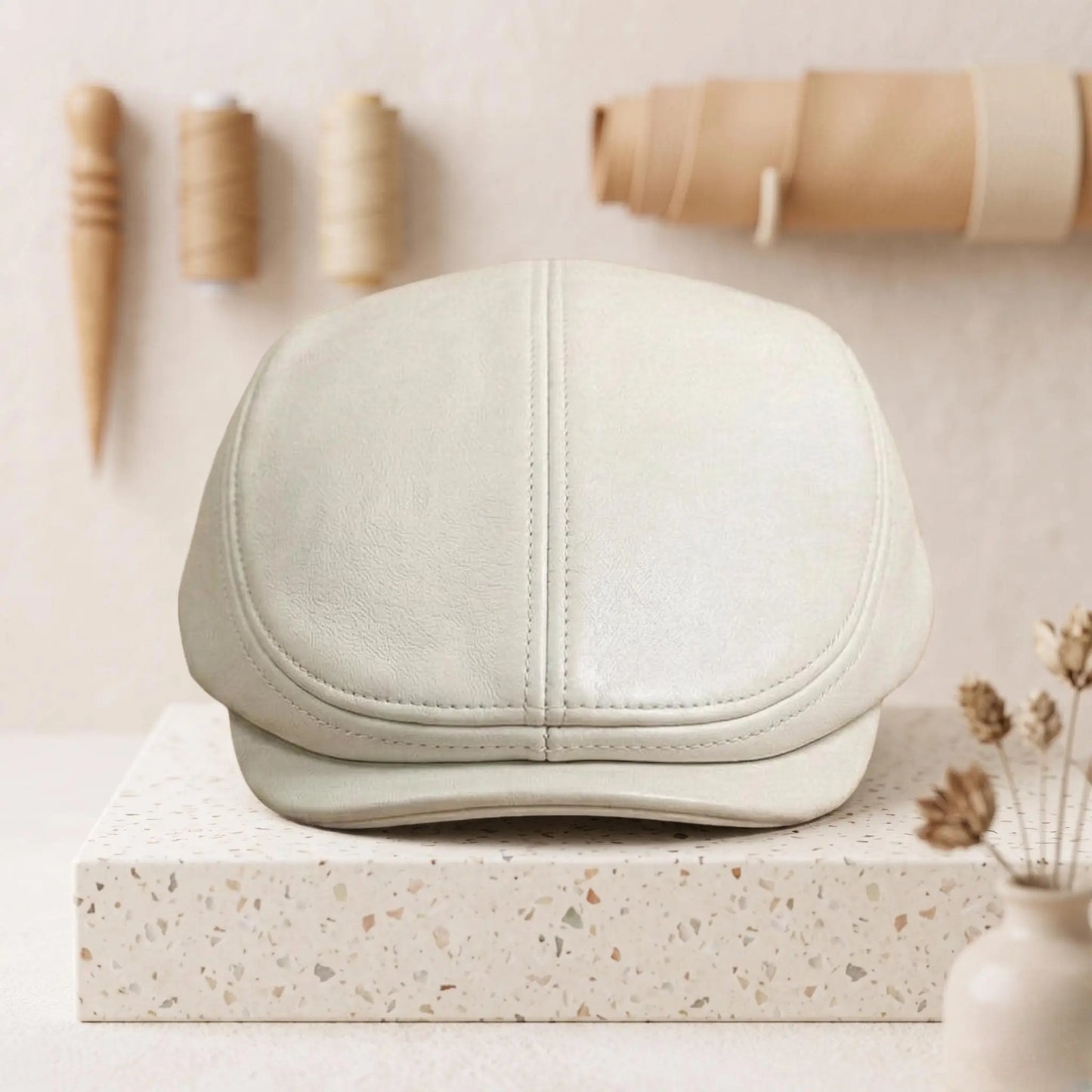 White Leather Flat Cap | Vintage Ivy League Driving Hat