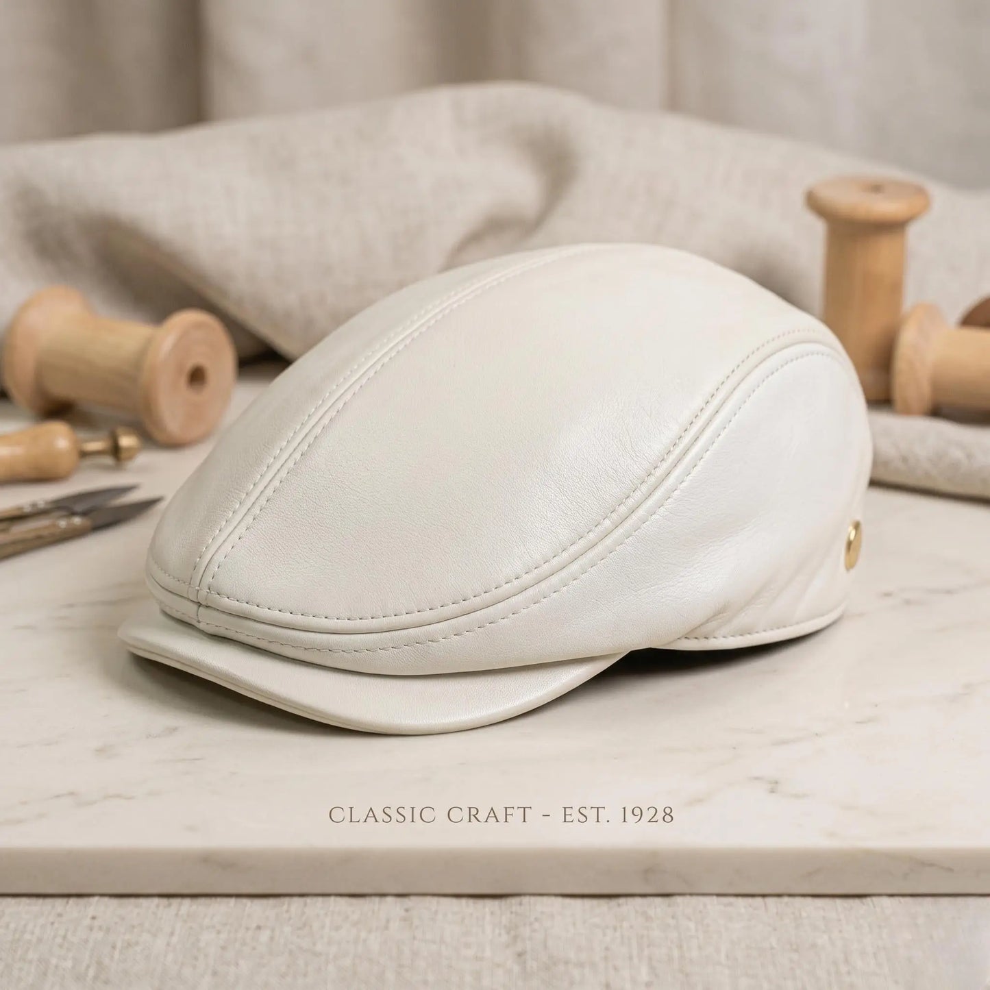 White Leather Flat Cap | Vintage Ivy League Driving Hat