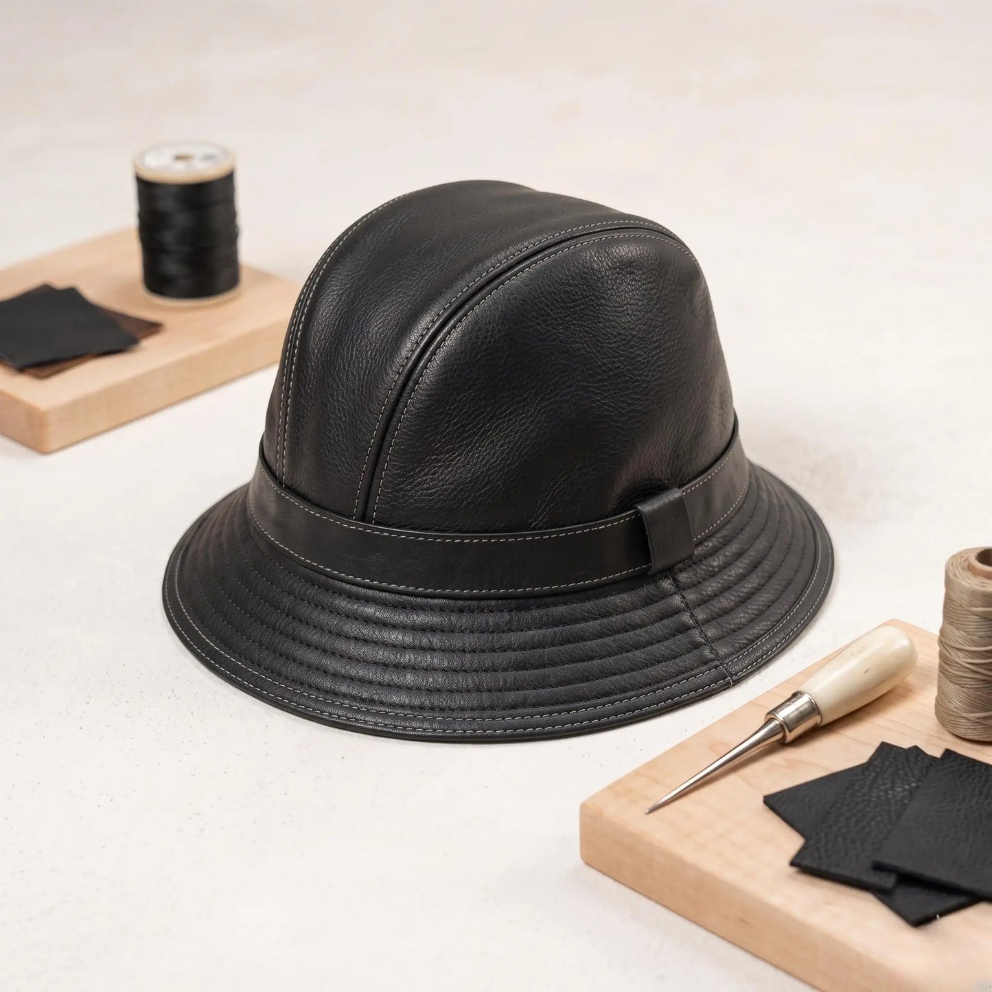 Black Leather Bucket Hat – Genuine Leather Streetwear Cap