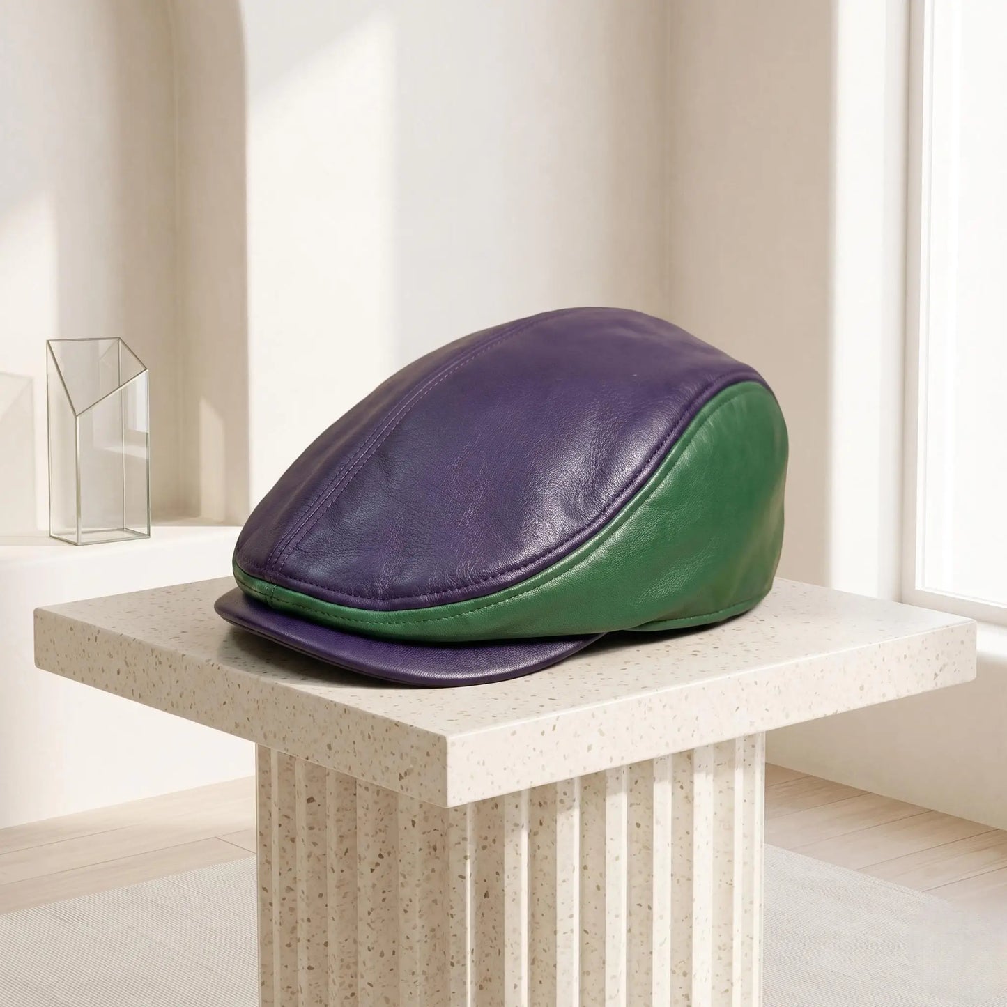 Classic Leather Flat Cap | Purple & Green Vintage Ivy Driving Hat