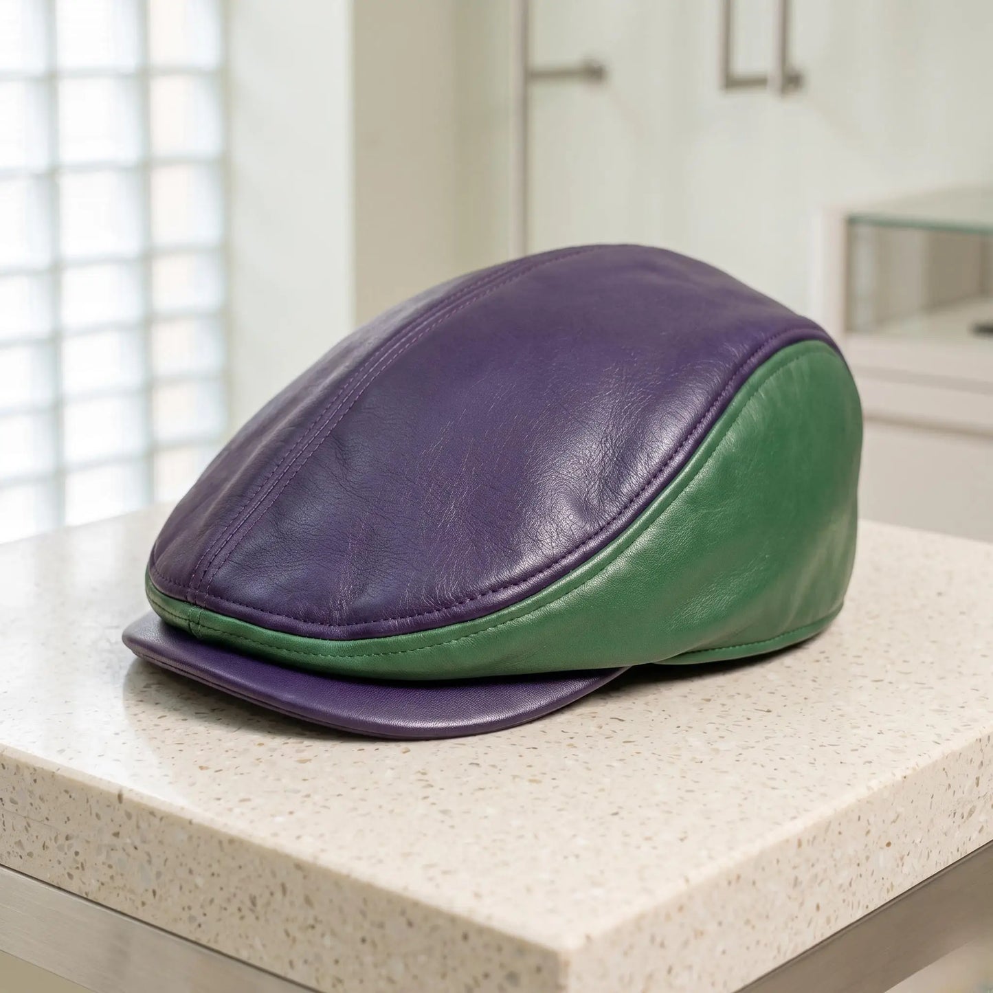 Classic Leather Flat Cap | Purple & Green Vintage Ivy Driving Hat