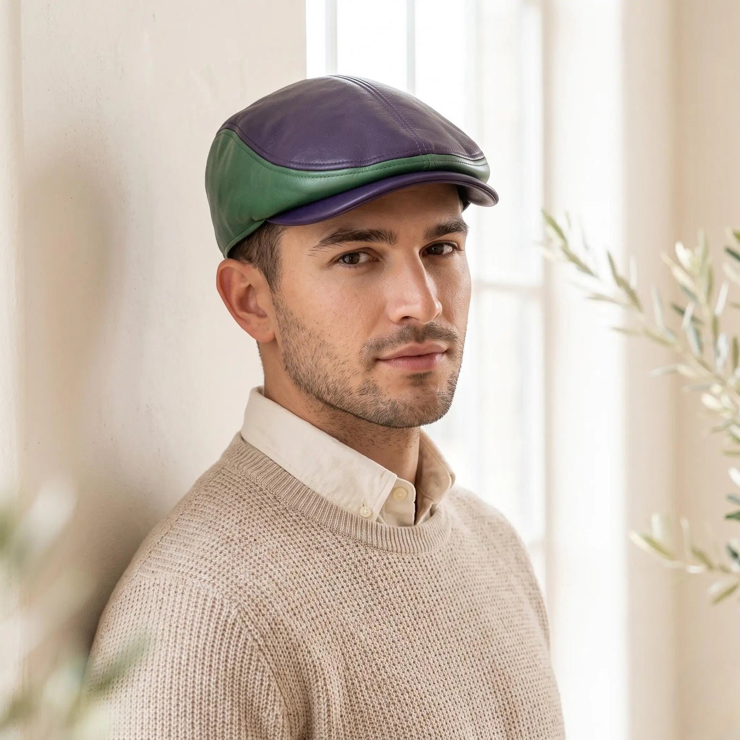 Classic Leather Flat Cap | Purple & Green Vintage Ivy Driving Hat