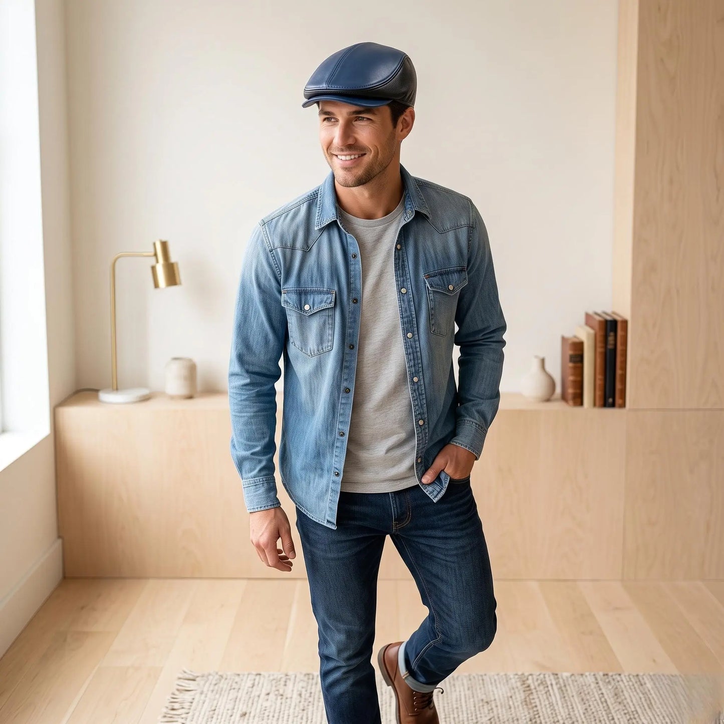 Men’s Two-Tone Blue & Black Genuine Leather Flat Cap – Classic Ivy Newsboy Hat