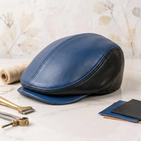 Men’s Two-Tone Blue & Black Genuine Leather Flat Cap – Classic Ivy Newsboy Hat