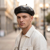 Handmade Black Leather Beret – Vintage Newsboy Gatsby Cap