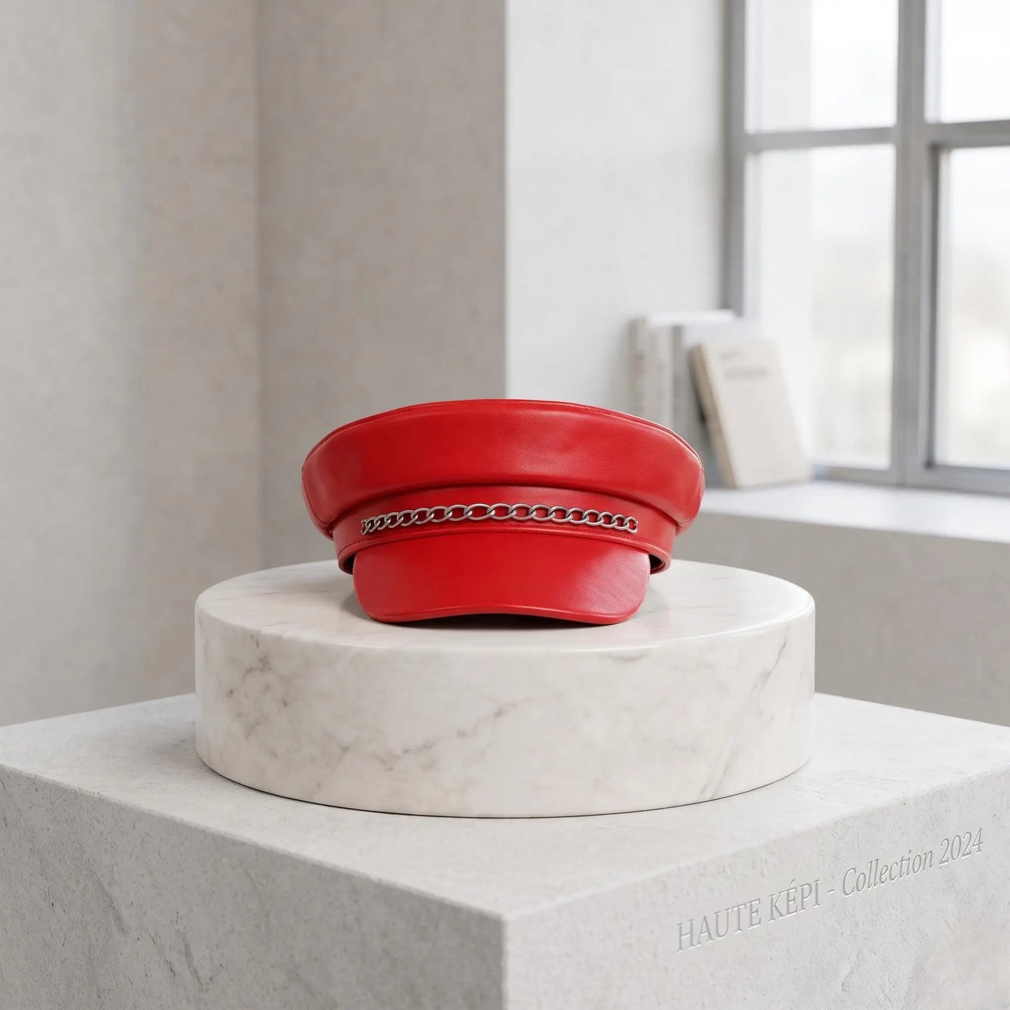 Red Leather Military Biker Cap with Silver Chain