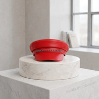 Red Leather Military Biker Cap with Silver Chain