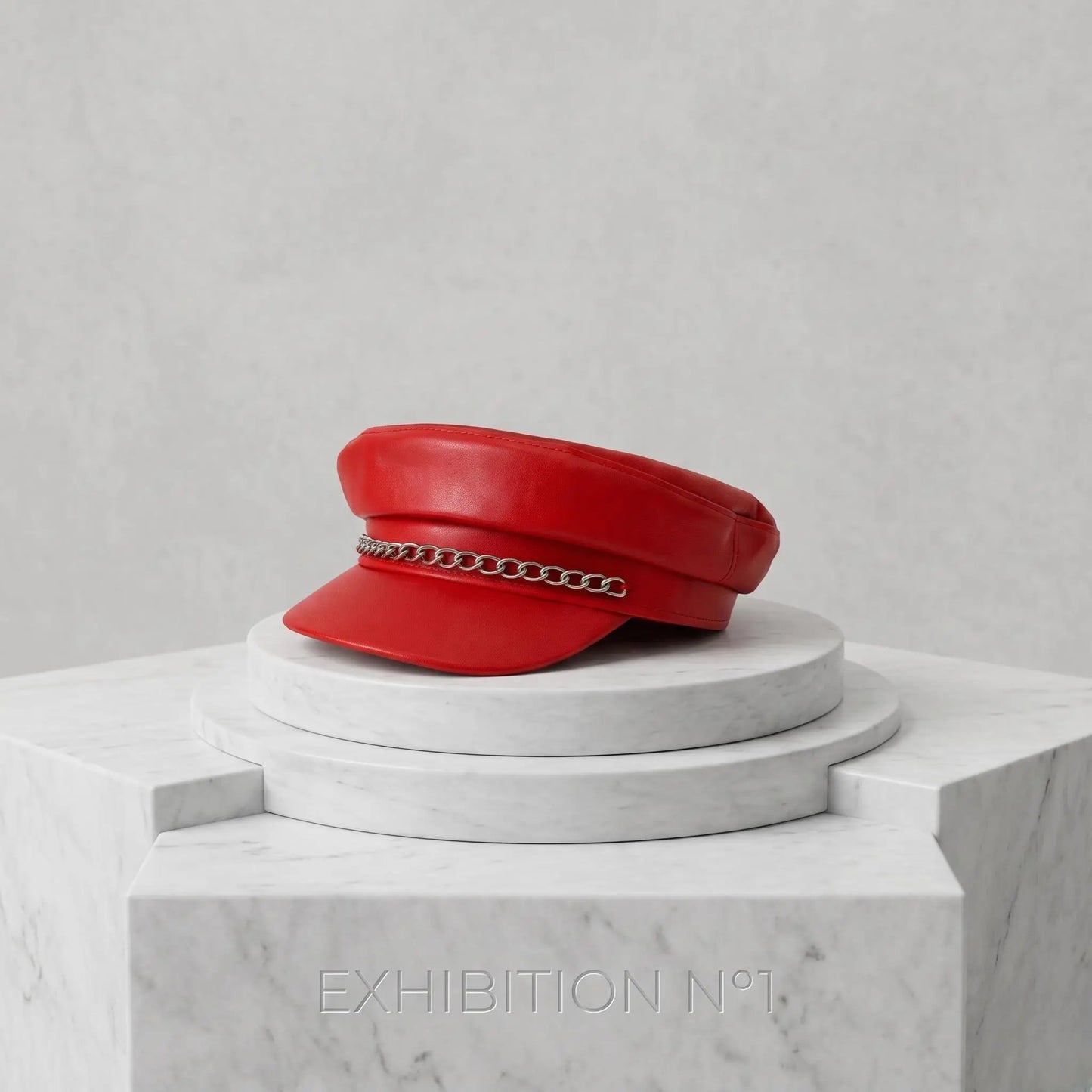 Red Leather Military Biker Cap with Silver Chain