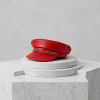 Red Leather Military Biker Cap with Silver Chain