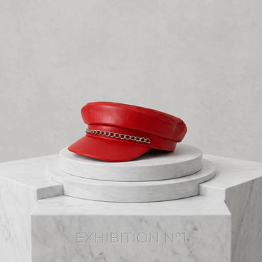 Red Leather Military Biker Cap with Silver Chain