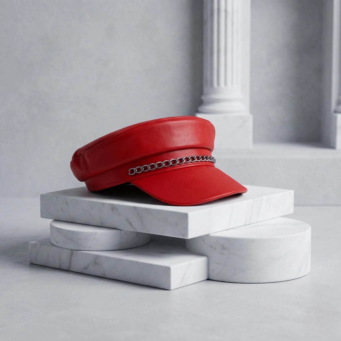 Red Leather Military Biker Cap with Silver Chain