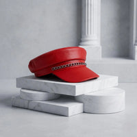 Red Leather Military Biker Cap with Silver Chain