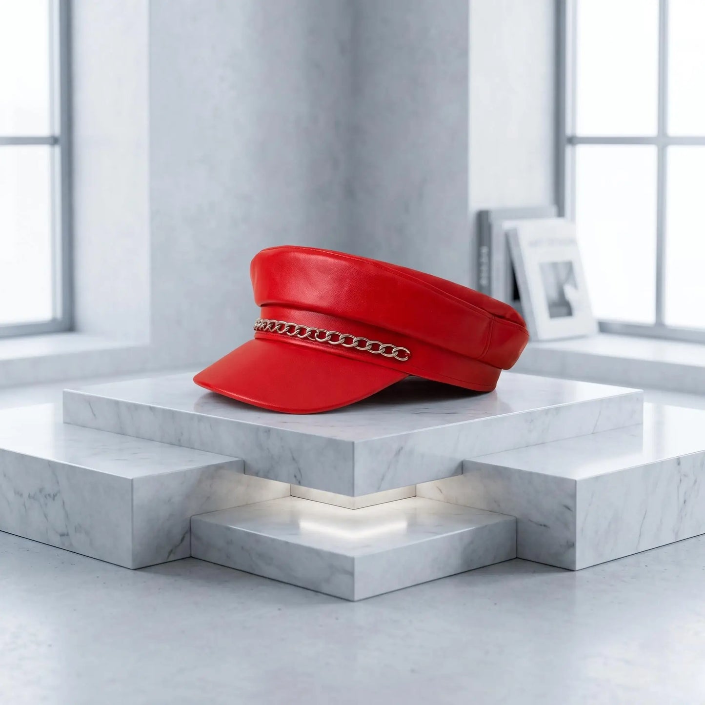 Red Leather Military Biker Cap with Silver Chain