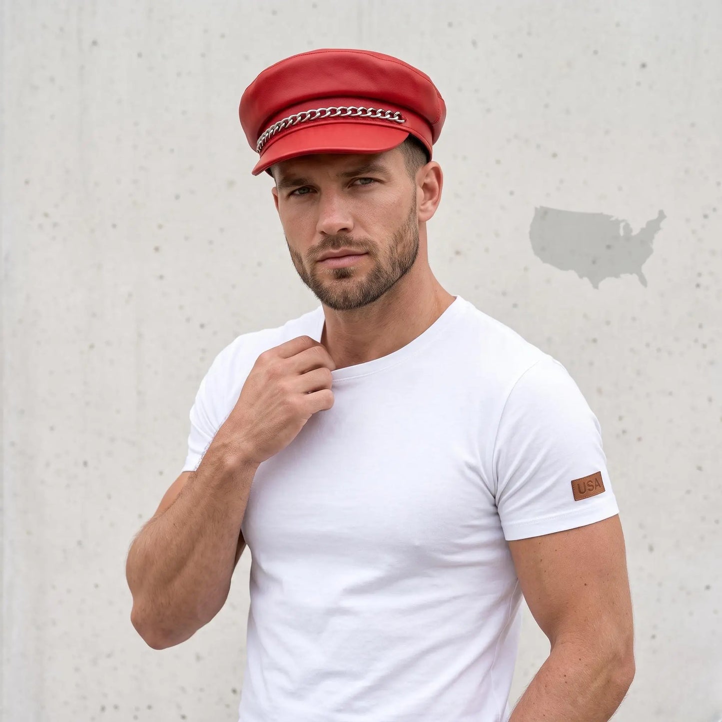 Red Leather Military Biker Cap with Silver Chain
