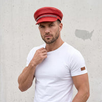 Red Leather Military Biker Cap with Silver Chain