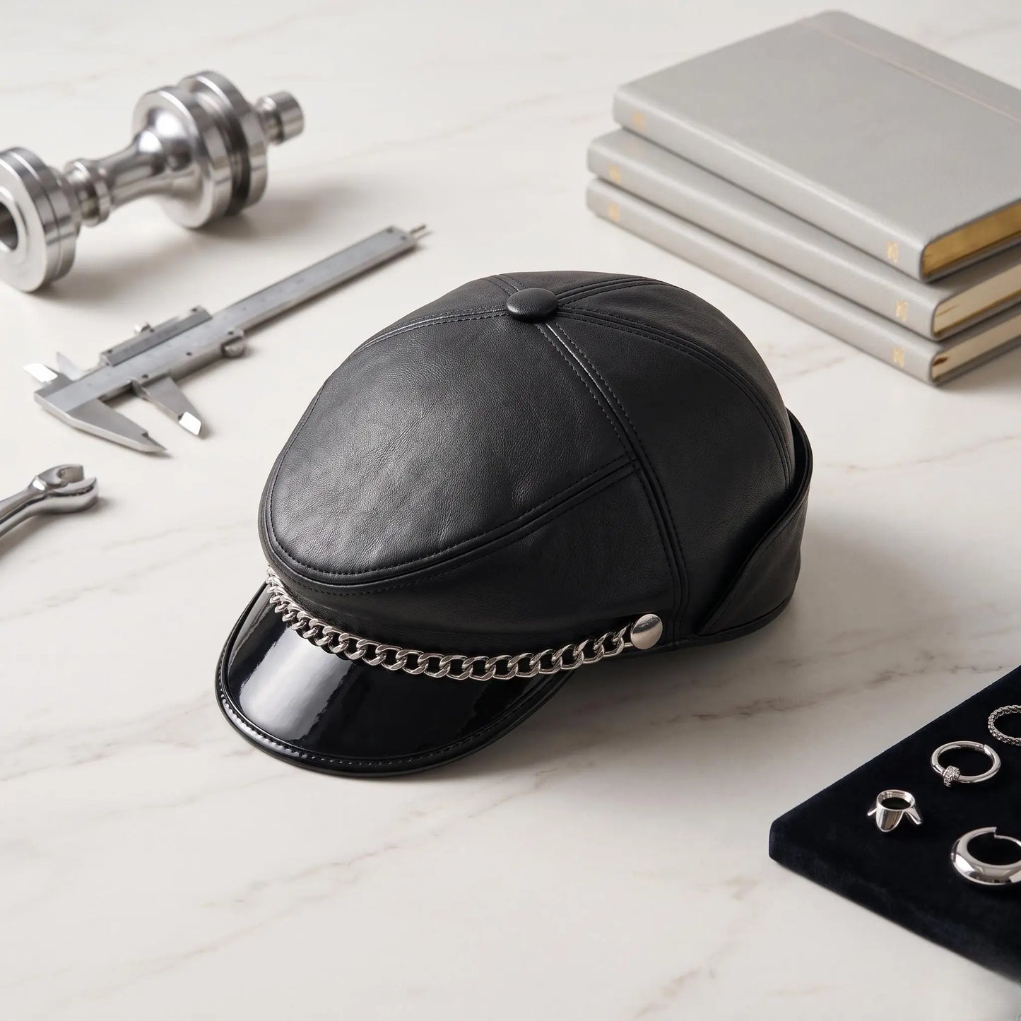 Black Leather Newsboy Cap – Edgy Biker & Streetwear Style