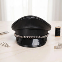 Black Leather Biker Cap with Silver Chain | Gothic & Military Officer Hat