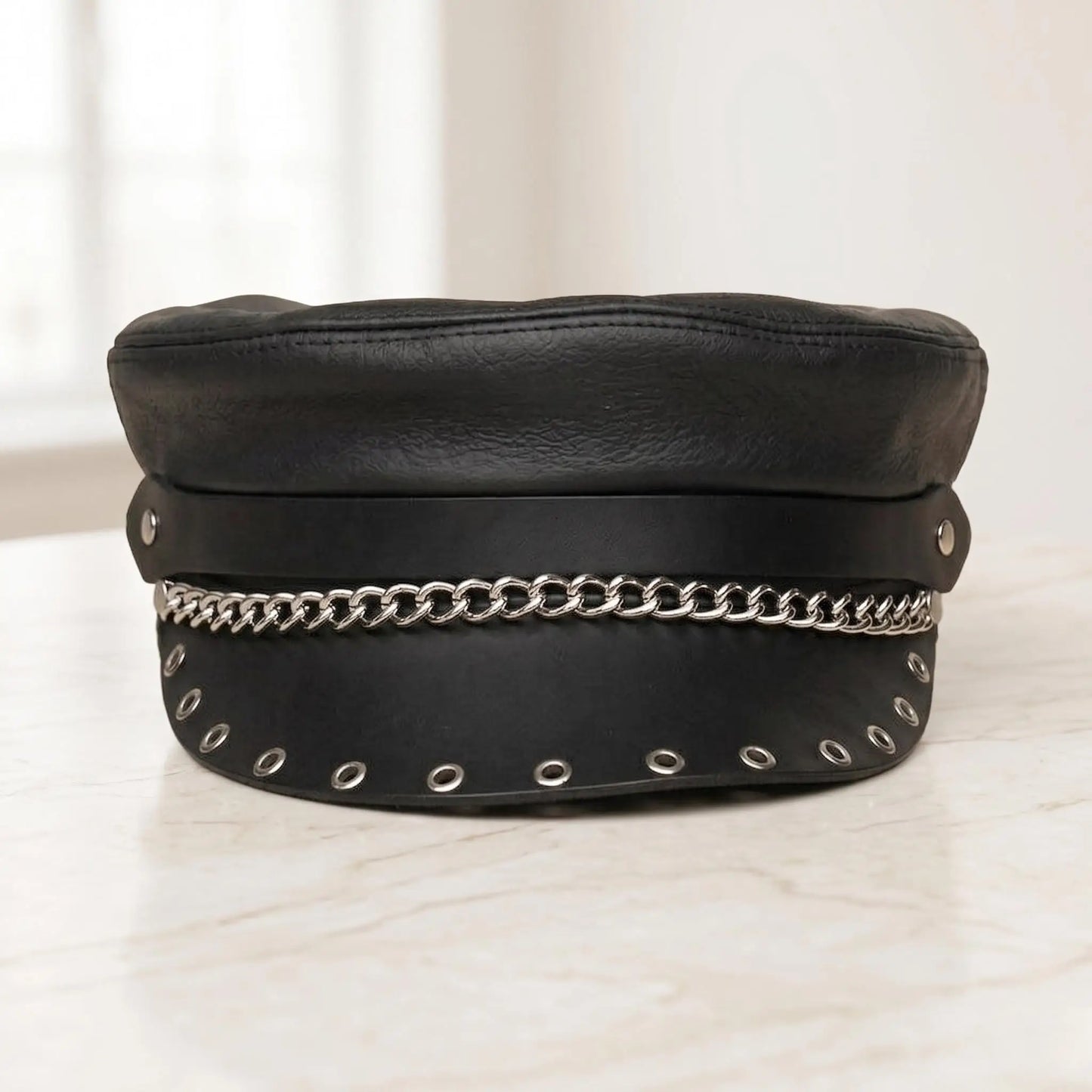 Black Leather Biker Chain Cap – Punk & Gothic Alternative Streetwear
