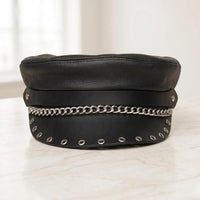 Black Leather Biker Chain Cap – Punk & Gothic Alternative Streetwear