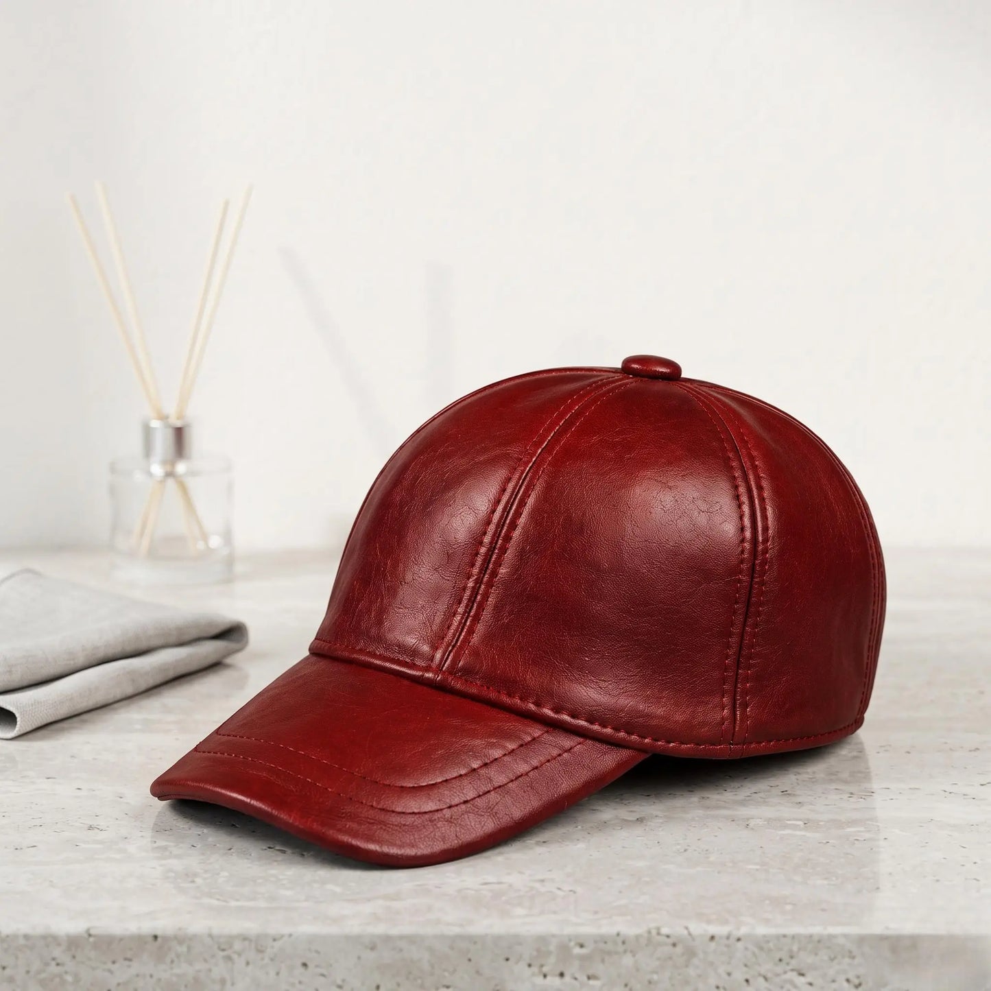 Red Genuine Leather Baseball Cap: Unisex Streetwear Accessory