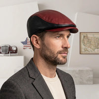 Men's Crimson & Onyx Leather Flat Cap | Vintage Ivy Driving Hat