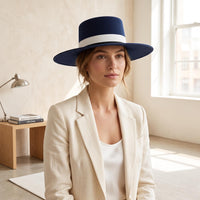 Elegant Navy Blue Flat Brim Hat – Timeless Wide Brim Boater & Western Style