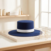 Elegant Navy Blue Flat Brim Hat – Timeless Wide Brim Boater & Western Style