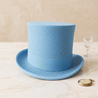 Sky Blue Wool Felt Top Hat with Feather Accent – Elegant Formal & Steampunk Headwear