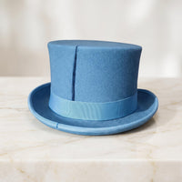 Sky Blue Wool Felt Top Hat with Feather Accent – Elegant Formal & Steampunk Headwear