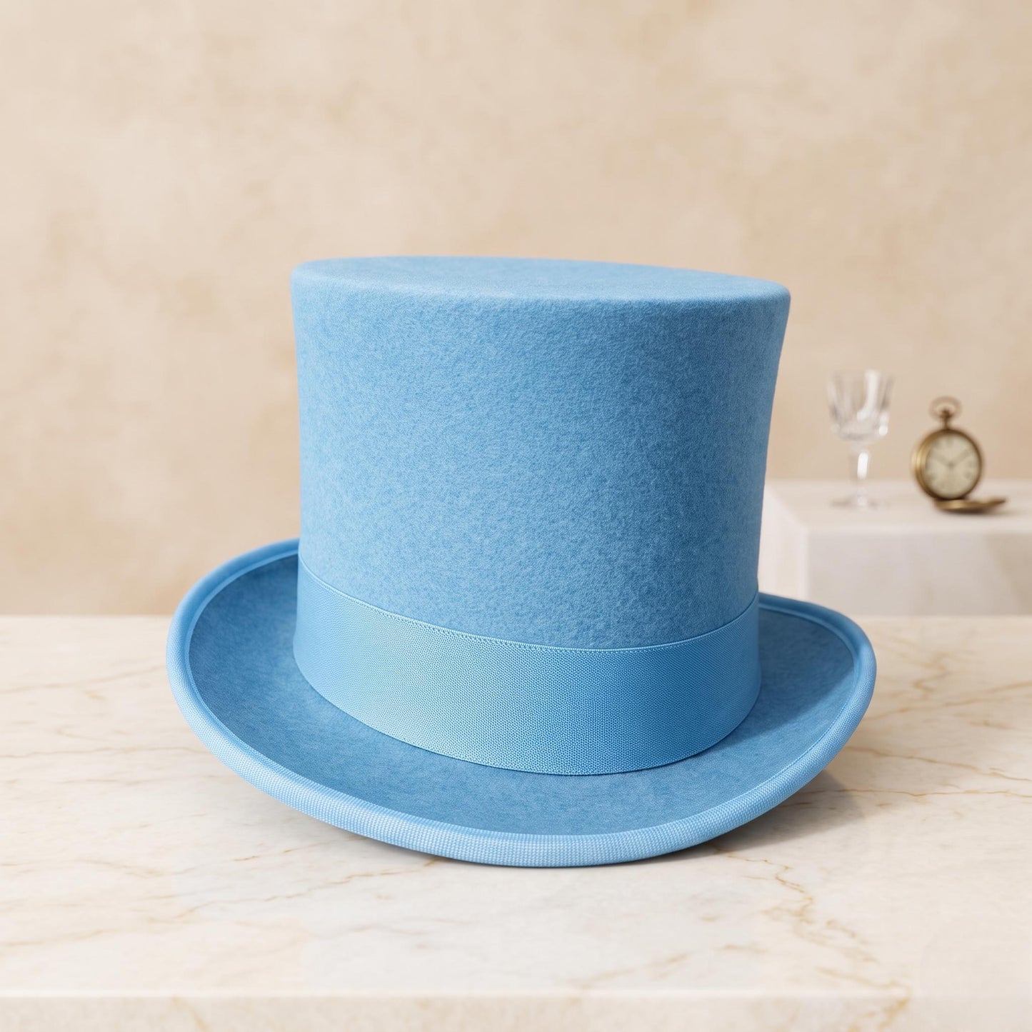 Sky Blue Wool Felt Top Hat with Feather Accent – Elegant Formal & Steampunk Headwear