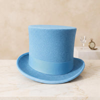 Sky Blue Wool Felt Top Hat with Feather Accent – Elegant Formal & Steampunk Headwear