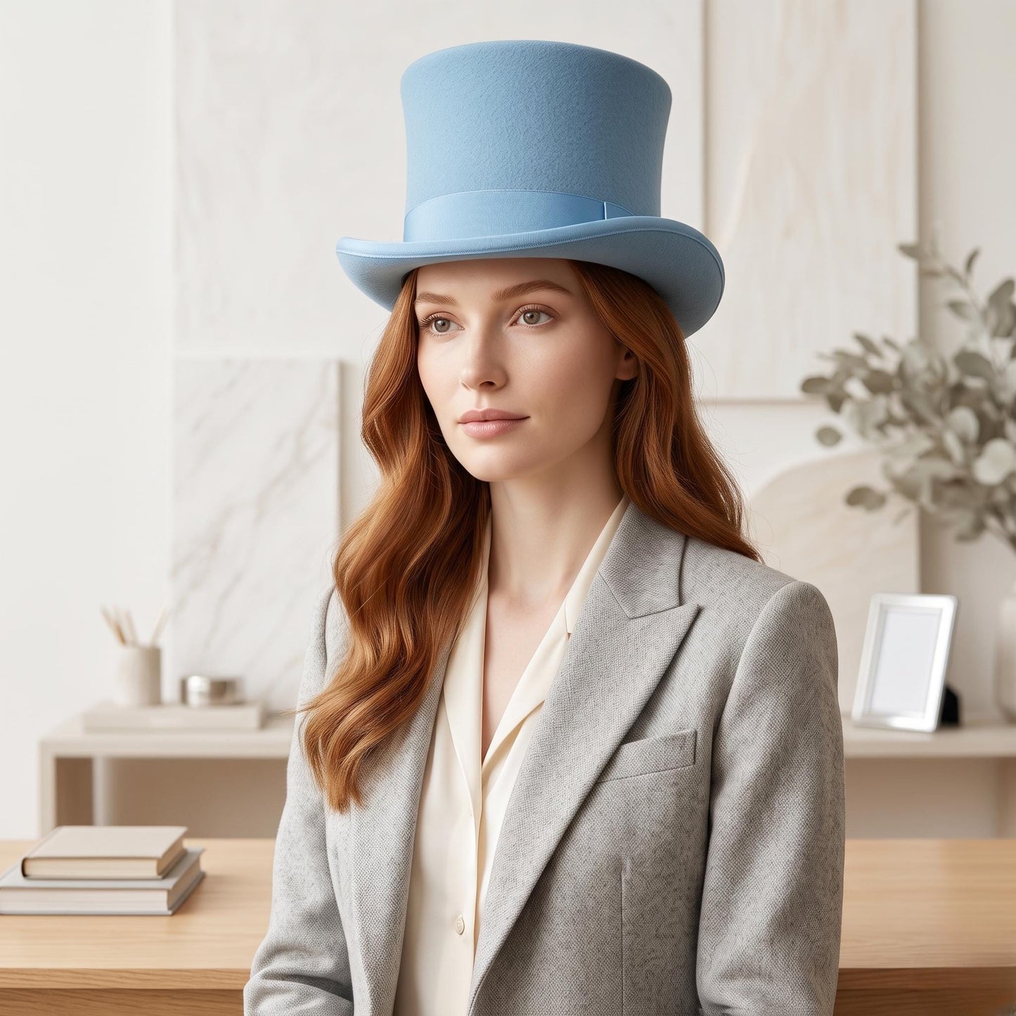 Sky Blue Wool Felt Top Hat with Feather Accent – Elegant Formal & Steampunk Headwear