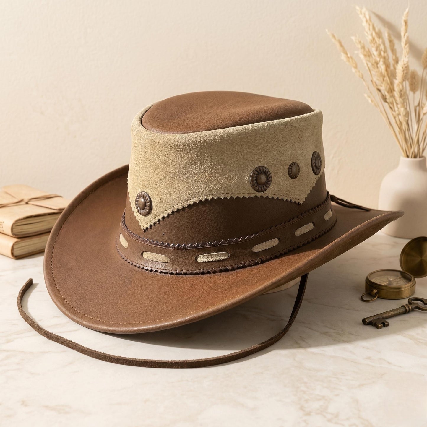 Upgrade Your Western Style: Handmade Brown Leather Cowboy Hat with Classic Concho Band