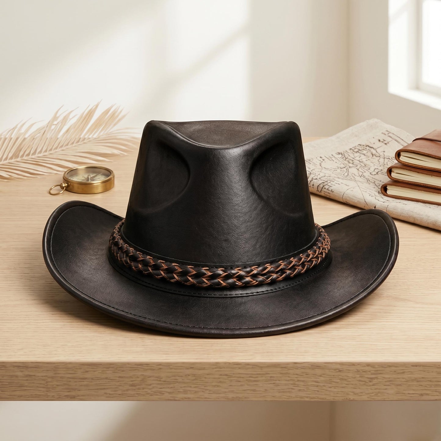 Handmade Black Leather Cowboy Hat – Braided Band Western Outback Style