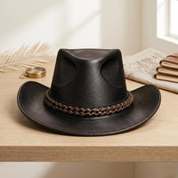 Handmade Black Leather Cowboy Hat – Braided Band Western Outback Style