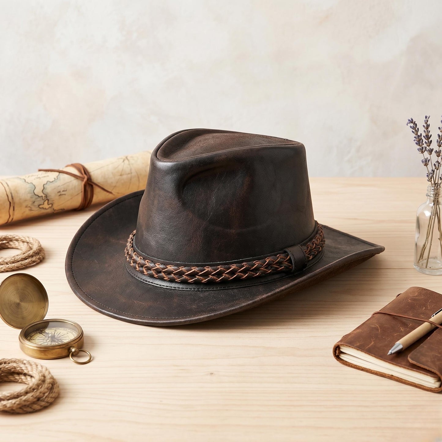 Handmade Black Leather Cowboy Hat – Braided Band Western Outback Style