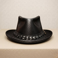 Handmade Black Leather Fedora Hat – Vintage Western Elegance for Men