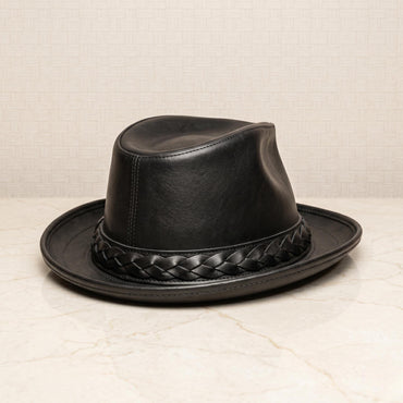 Handmade Black Leather Fedora Hat – Vintage Western Elegance for Men