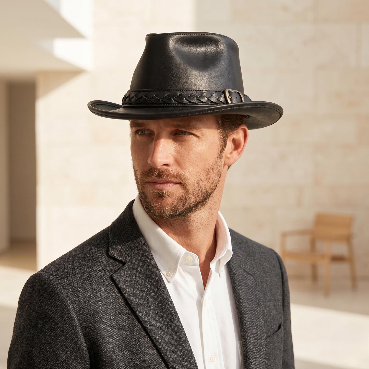 Handmade Black Leather Fedora Hat – Vintage Western Elegance for Men